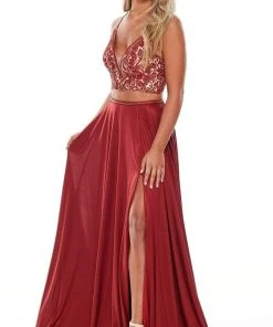 Formal Gowns Rachel Allan - Two Piece Beaded V-Neck Jersey A-Line Gown 7209 - 1 Pc Burgundy In Size 2 Available