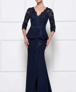 Formal Gowns Rina Di Montella - RD2685 Lace Embroidered V-neck Bodice Sheath Dress With Slit