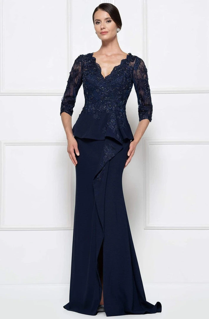 Formal Gowns Rina Di Montella - RD2685 Lace Embroidered V-neck Bodice Sheath Dress With Slit 3 Formal Gowns Rina Di Montella - RD2685 Lace Embroidered V-neck Bodice Sheath Dress With Slit