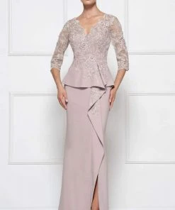 Formal Gowns Rina Di Montella - RD2685 Lace Embroidered V-neck Bodice Sheath Dress With Slit 8 Formal Gowns Rina Di Montella - RD2685 Lace Embroidered V-neck Bodice Sheath Dress With Slit