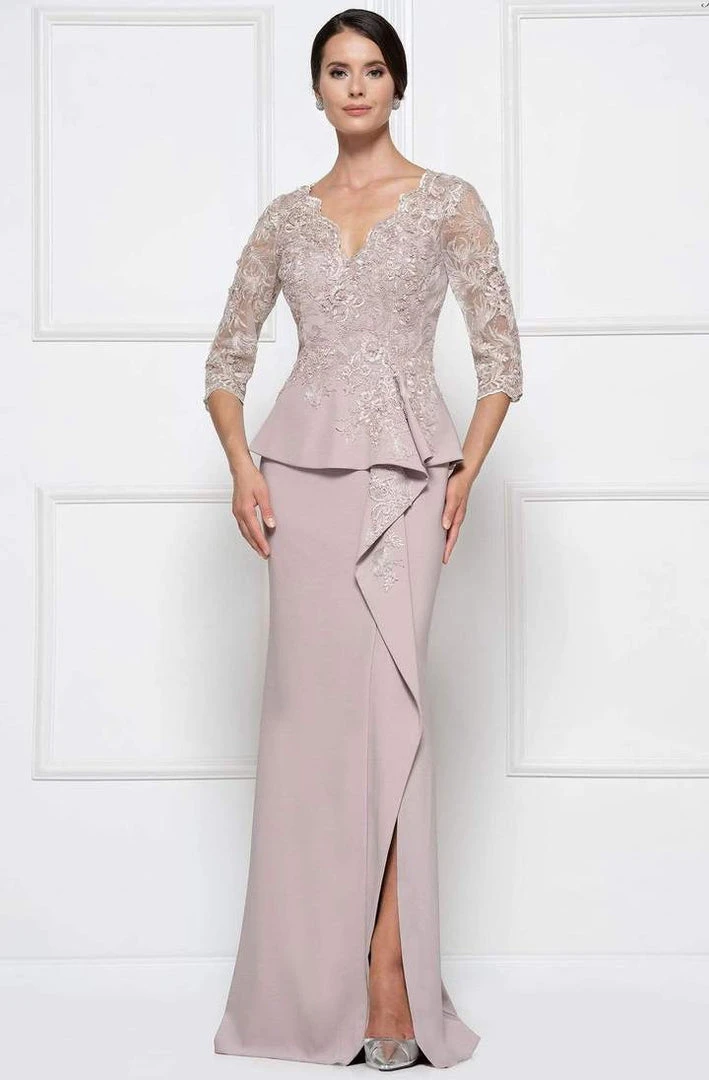 Formal Gowns Rina Di Montella - RD2685 Lace Embroidered V-neck Bodice Sheath Dress With Slit 5 Formal Gowns Rina Di Montella - RD2685 Lace Embroidered V-neck Bodice Sheath Dress With Slit