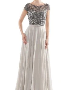 Formal Gowns Rina Di Montella - Sheer Neck Embroidered Bodice Chiffon Gown RD2719 - 3 Pcs Taupe In Sizes 6, 8 And 10 Available