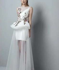 Formal Gowns Saiid Kobeisy - 3352 Illusion Appliqued Peplum Detail Gown