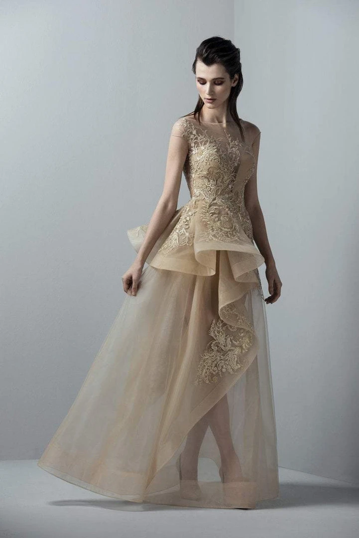 Saiid Kobeisy - 3362 Gold Appliqued Peplum Gown 3 Saiid Kobeisy - 3362 Gold Appliqued Peplum Gown