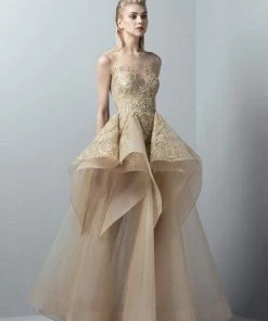 Formal Gowns Saiid Kobeisy - 3363 Gold Appliqued Ruffled Peplum Gown