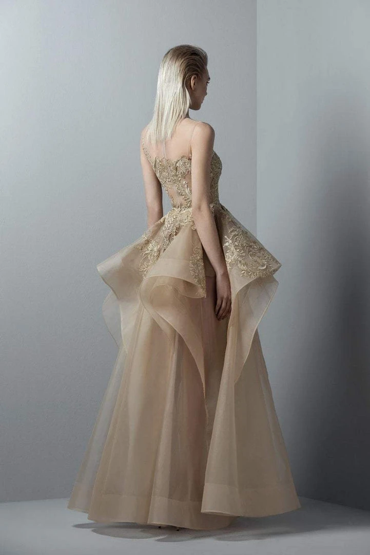 Formal Gowns Saiid Kobeisy - 3363 Gold Appliqued Ruffled Peplum Gown 4 Formal Gowns Saiid Kobeisy - 3363 Gold Appliqued Ruffled Peplum Gown