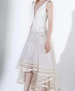 Formal Gowns Saiid Kobeisy - 3406 Plunging V-Neck Appliqued High Low A-Line Gown