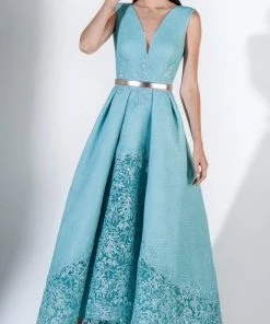 Saiid Kobeisy - 3414 Sleeveless V Neckline High Low Brocade Gown Formal Gowns