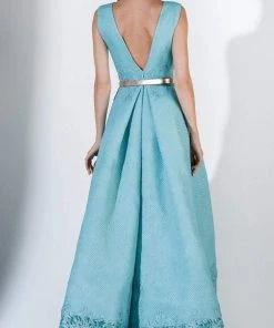 Saiid Kobeisy - 3414 Sleeveless V Neckline High Low Brocade Gown Formal Gowns