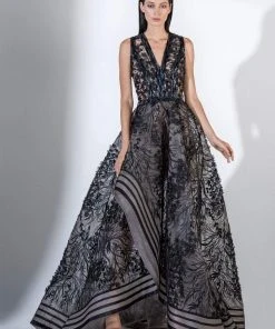 Formal Gowns Saiid Kobeisy - 3420 Embellished Floral Applique V-neck Ballgown