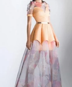 Saiid Kobeisy - 3446 Floral Applique Bubble Sleeve A-line Dress Formal Gowns