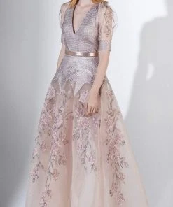 Saiid Kobeisy - 3451 Illusion Puffed Sleeve Embroidered Metallic Gown Formal Gowns