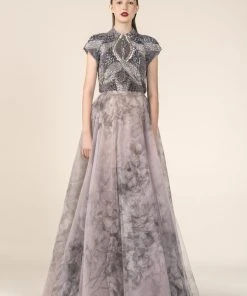 Saiid Kobeisy - RE3551 Metallic Beaded Cap Sleeve Floral A-Line Gown Formal Gowns