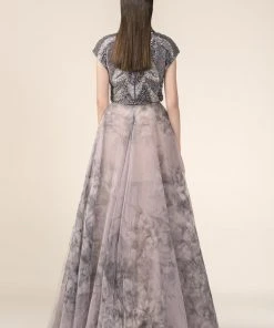 Saiid Kobeisy - RE3551 Metallic Beaded Cap Sleeve Floral A-Line Gown Formal Gowns