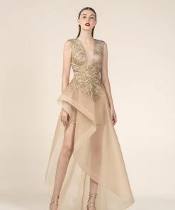 Saiid Kobeisy - RE3575 Sheer Gold Brocade A-Line High Low Gown Formal Gowns