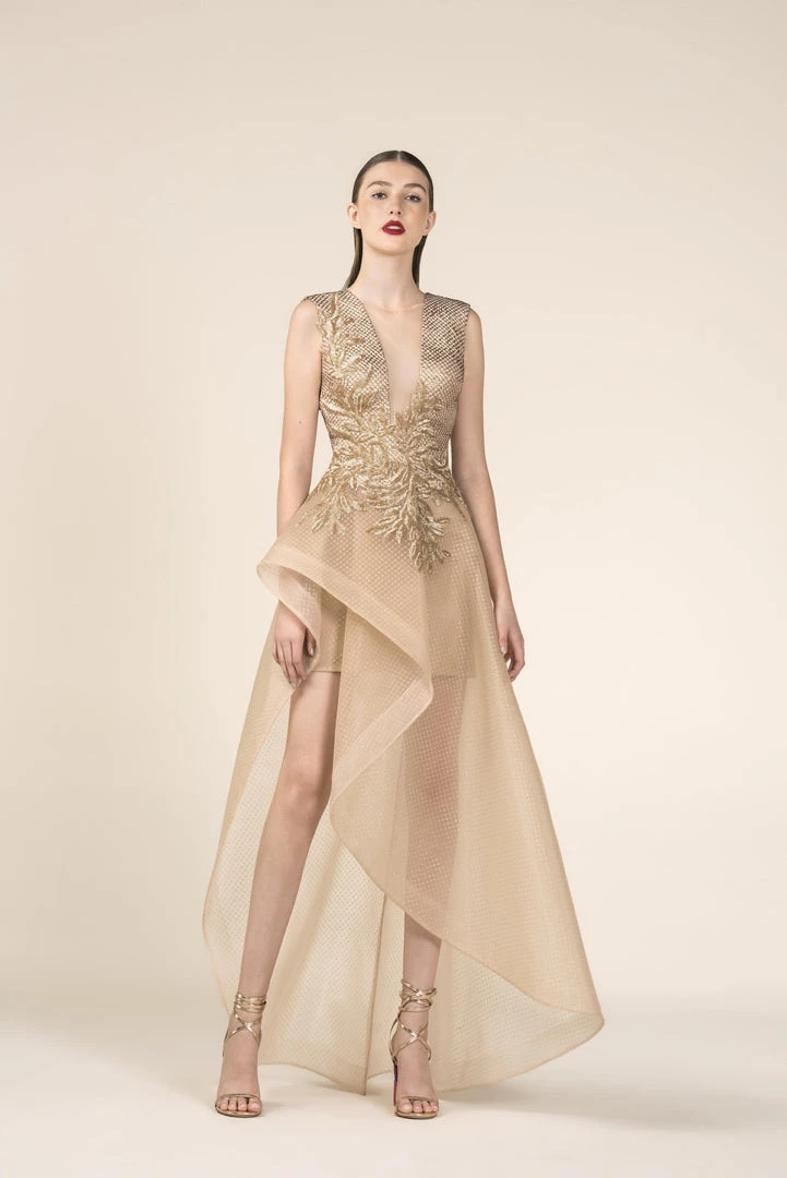 Saiid Kobeisy - RE3575 Sheer Gold Brocade A-Line High Low Gown Formal Gowns 3 Saiid Kobeisy - RE3575 Sheer Gold Brocade A-Line High Low Gown Formal Gowns