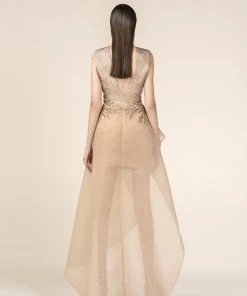 Saiid Kobeisy - RE3575 Sheer Gold Brocade A-Line High Low Gown Formal Gowns 5 Saiid Kobeisy - RE3575 Sheer Gold Brocade A-Line High Low Gown Formal Gowns