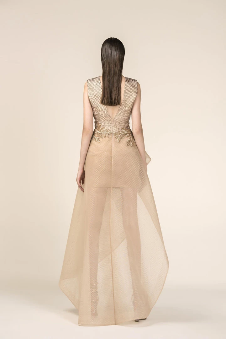 Saiid Kobeisy - RE3575 Sheer Gold Brocade A-Line High Low Gown Formal Gowns 4 Saiid Kobeisy - RE3575 Sheer Gold Brocade A-Line High Low Gown Formal Gowns