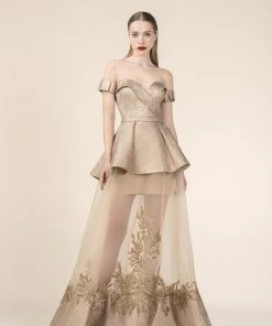 Formal Gowns Saiid Kobeisy - RE3576 Brocade Off-Shoulder Layered A-line Dress