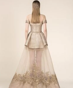 Formal Gowns Saiid Kobeisy - RE3576 Brocade Off-Shoulder Layered A-line Dress