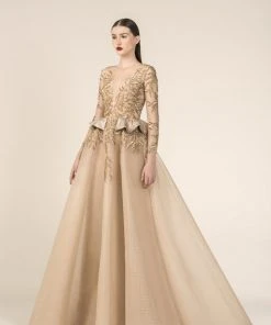 Saiid Kobeisy - RE3578 Embroidered Long Sleeve Tulle Brocade Ballgown Formal Gowns