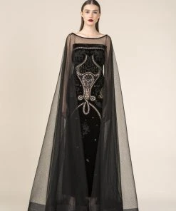 Saiid Kobeisy - RE3579 Bateau Velvet Tulle Cape With Sweep Train