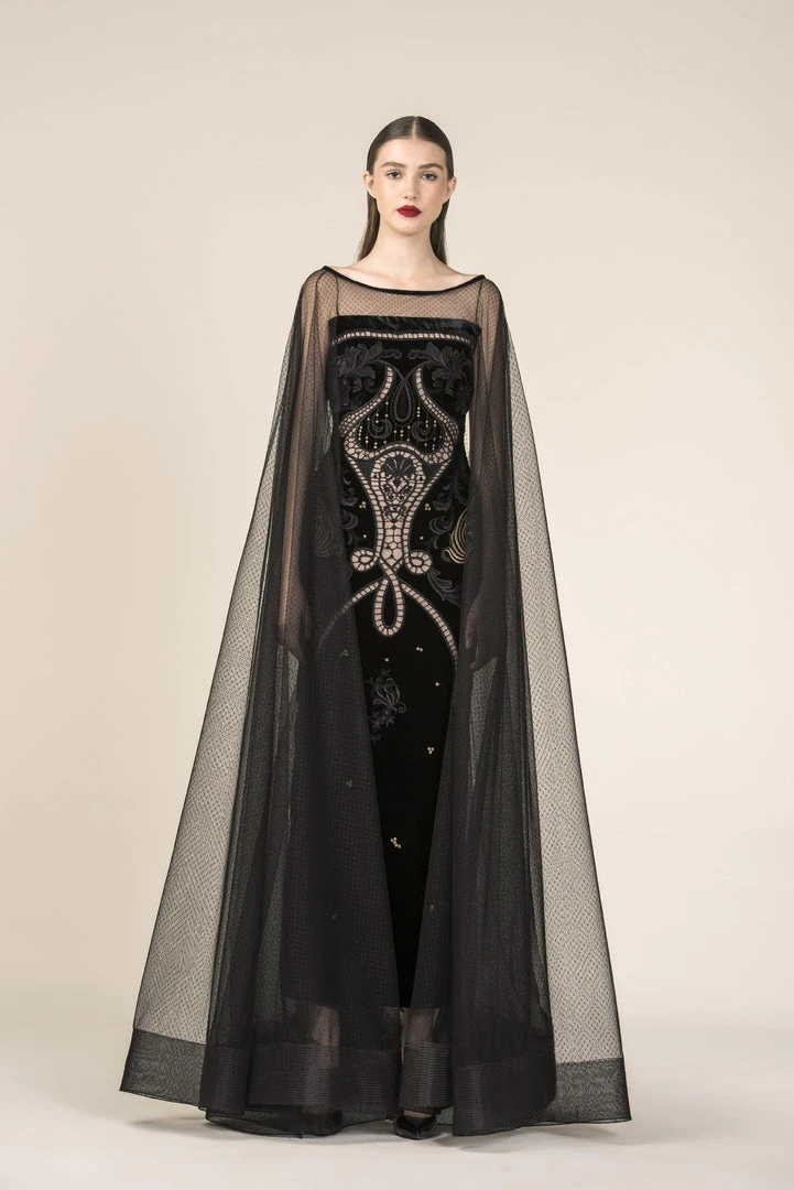 Saiid Kobeisy - RE3579 Bateau Velvet Tulle Cape With Sweep Train 3 Saiid Kobeisy - RE3579 Bateau Velvet Tulle Cape With Sweep Train
