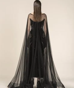 Saiid Kobeisy - RE3579 Bateau Velvet Tulle Cape With Sweep Train 5 Saiid Kobeisy - RE3579 Bateau Velvet Tulle Cape With Sweep Train