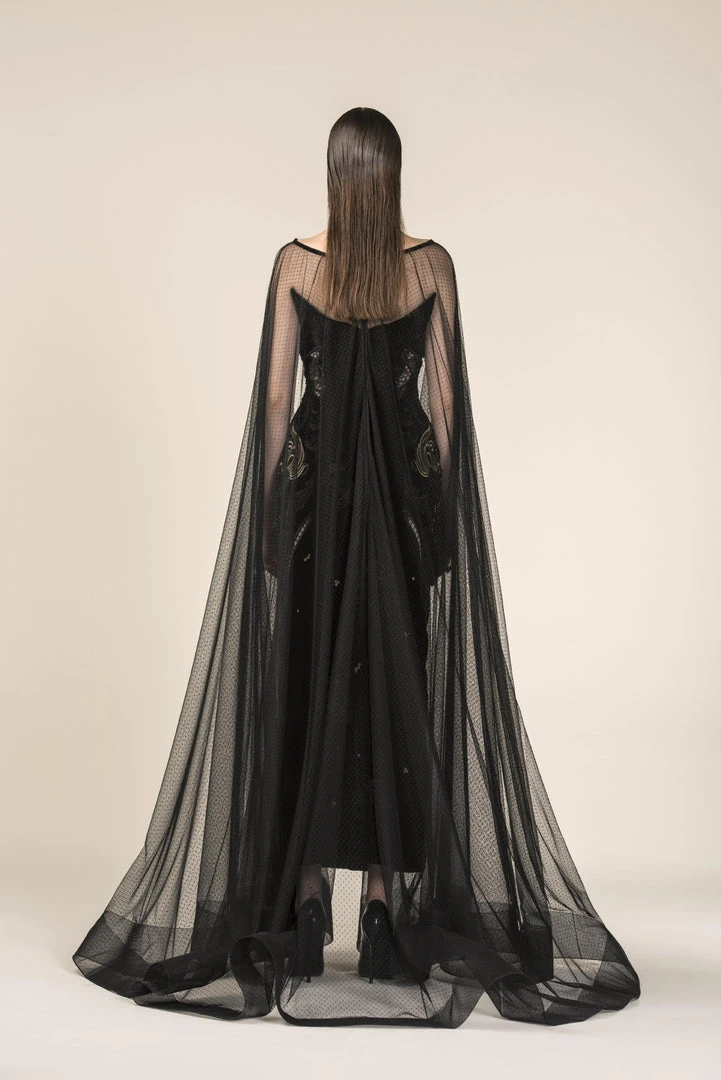 Saiid Kobeisy - RE3579 Bateau Velvet Tulle Cape With Sweep Train 4 Saiid Kobeisy - RE3579 Bateau Velvet Tulle Cape With Sweep Train