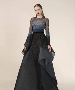 Formal Gowns Saiid Kobeisy - RE3581 Embroidered Long Sleeve A-line Dress