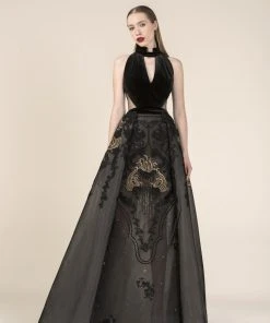 Saiid Kobeisy - RE3582 Velvet High Neck Embroidered A-line Dress