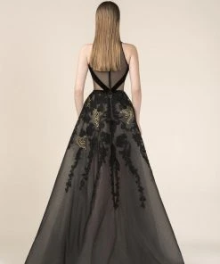 Saiid Kobeisy - RE3582 Velvet High Neck Embroidered A-line Dress