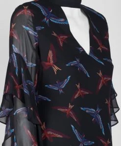 Sam Edelman - 64H091 Bird Print Choker Cutout Chiffon Dress