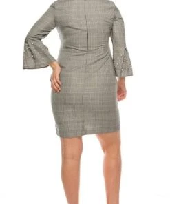 Sandra Darren - 71934 Pearl-Studded Bell Sleeves Plaid Dress 6 Sandra Darren - 71934 Pearl-Studded Bell Sleeves Plaid Dress