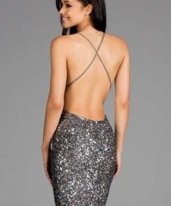 SCALA - 48782 Fitted String Strapped Sequin Cocktail Dress - 1 Pc Pebble In Size 2 Available