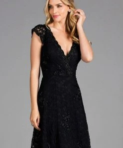 Scala - 48875 Beaded Lace V-neck A-line Dress Cocktail Dresses