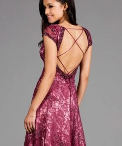Scala - 48875 Beaded Lace V-neck A-line Dress Cocktail Dresses