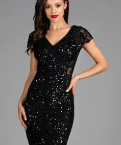 Cocktail Dresses Scala - 48889 Cap Sleeve Sequined V-neck Fitted Dress