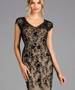 Scala - 48908 Bead Fringed Cap Sleeve Ornate Sheath Dress