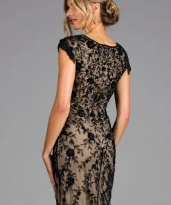 Scala - 48908 Bead Fringed Cap Sleeve Ornate Sheath Dress