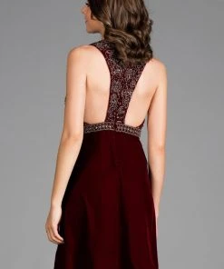 Cocktail Dresses Scala - 48913 Beaded Plunging V-neck Velvet A-line Dress