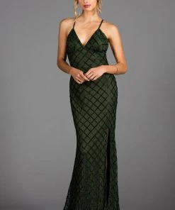 Scala - 48923 Spaghetti Straps V Neck Low Back Sheath Evening Dress