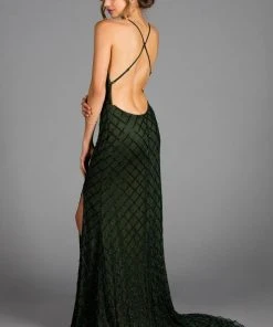 Scala - 48923 Spaghetti Straps V Neck Low Back Sheath Evening Dress