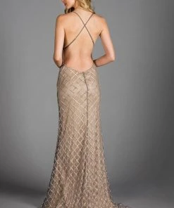 Scala - 48923 Spaghetti Straps V Neck Low Back Sheath Evening Dress