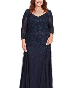 Shail K - Bedazzled Long Sleeve V-neck Trumpet Dress 12162W - 1 Pc Navy In Size 18W Available Formal Gowns