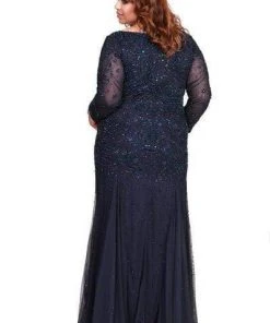 Shail K - Bedazzled Long Sleeve V-neck Trumpet Dress 12162W - 1 Pc Navy In Size 18W Available Formal Gowns