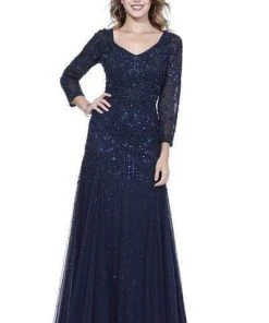 Shail K - Bedazzled Long Sleeve V-neck Trumpet Dress 12162W - 1 Pc Navy In Size 18W Available Formal Gowns