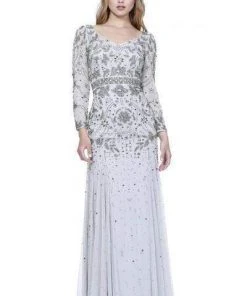 Shail K - Bedazzled Long Sleeve V-neck Trumpet Dress 12162W - 1 Pc Navy In Size 18W Available Formal Gowns