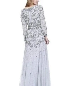 Shail K - Bedazzled Long Sleeve V-neck Trumpet Dress 12162W - 1 Pc Navy In Size 18W Available Formal Gowns
