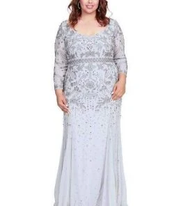 Shail K - Bedazzled Long Sleeve V-neck Trumpet Dress 12162W - 1 Pc Navy In Size 18W Available Formal Gowns